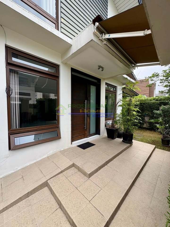 Exterior view of a modern home entrance with tiled steps leading to a wooden door, accented by planters.