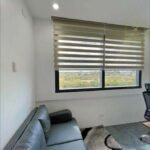 Interior shot of a room with a sofa, rug, and window with blinds.