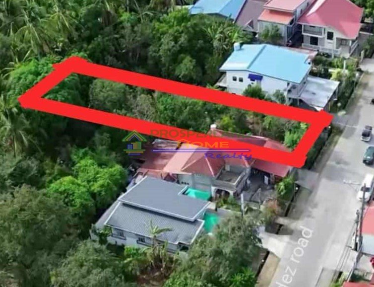 Aerial view of houses and a vacant lot outlined in red, surrounded by lush greenery and a road.