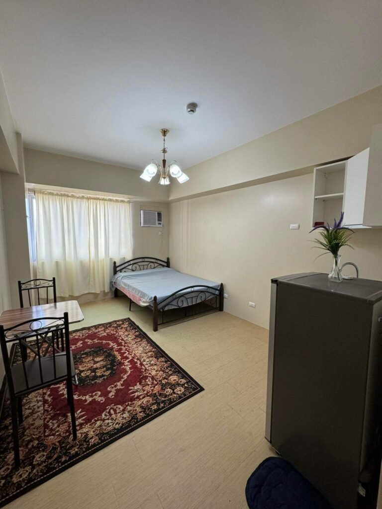 Studio apartment with bed, table, rug, refrigerator, and minimalist decor.