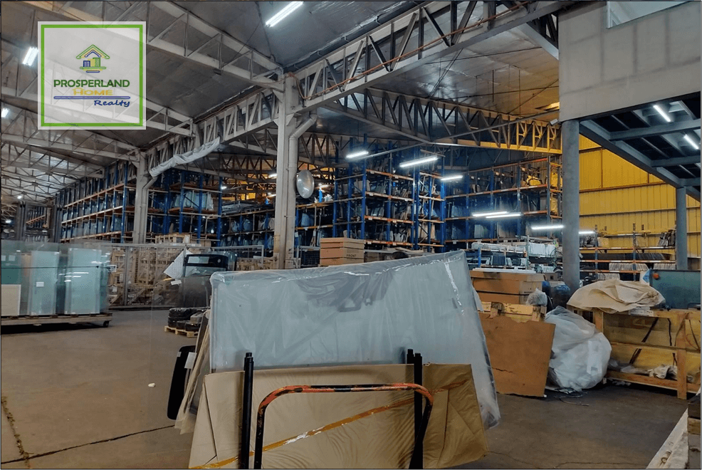 Interior of a large warehouse with shelves stacked with windshields and car windows.