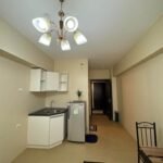 Interior view of a small apartment with kitchenette, table, and rug.